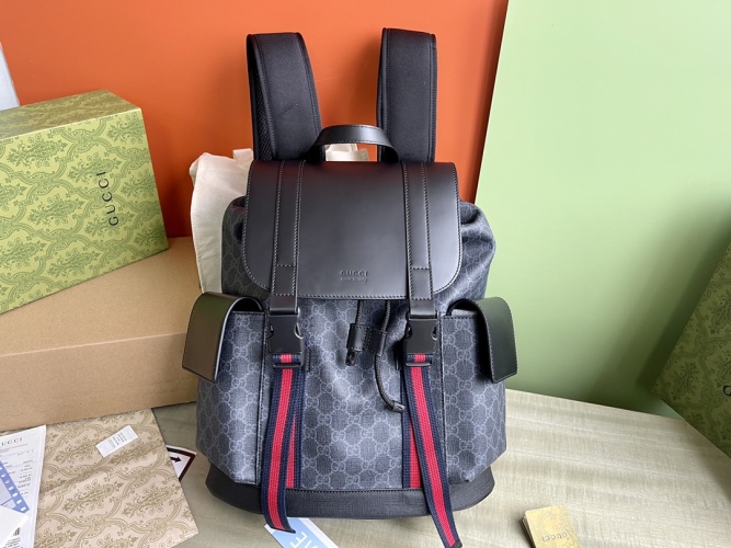 Gucci Soft Supreme GG Black/Grey Backpack with Web Detail - Model 495563 1 Gucci Soft Supreme GG Black/Grey Backpack with Web Detail - Model 495563