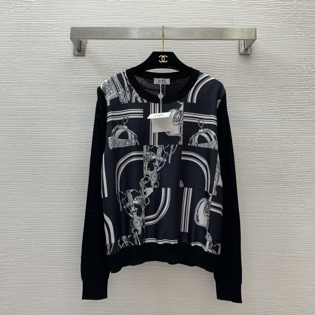 Hermes Clothing Knit Sweater Shirts & Blouses Black Pink Openwork Knitting Silk Wool Spring/Summer Collection Long Sleeve