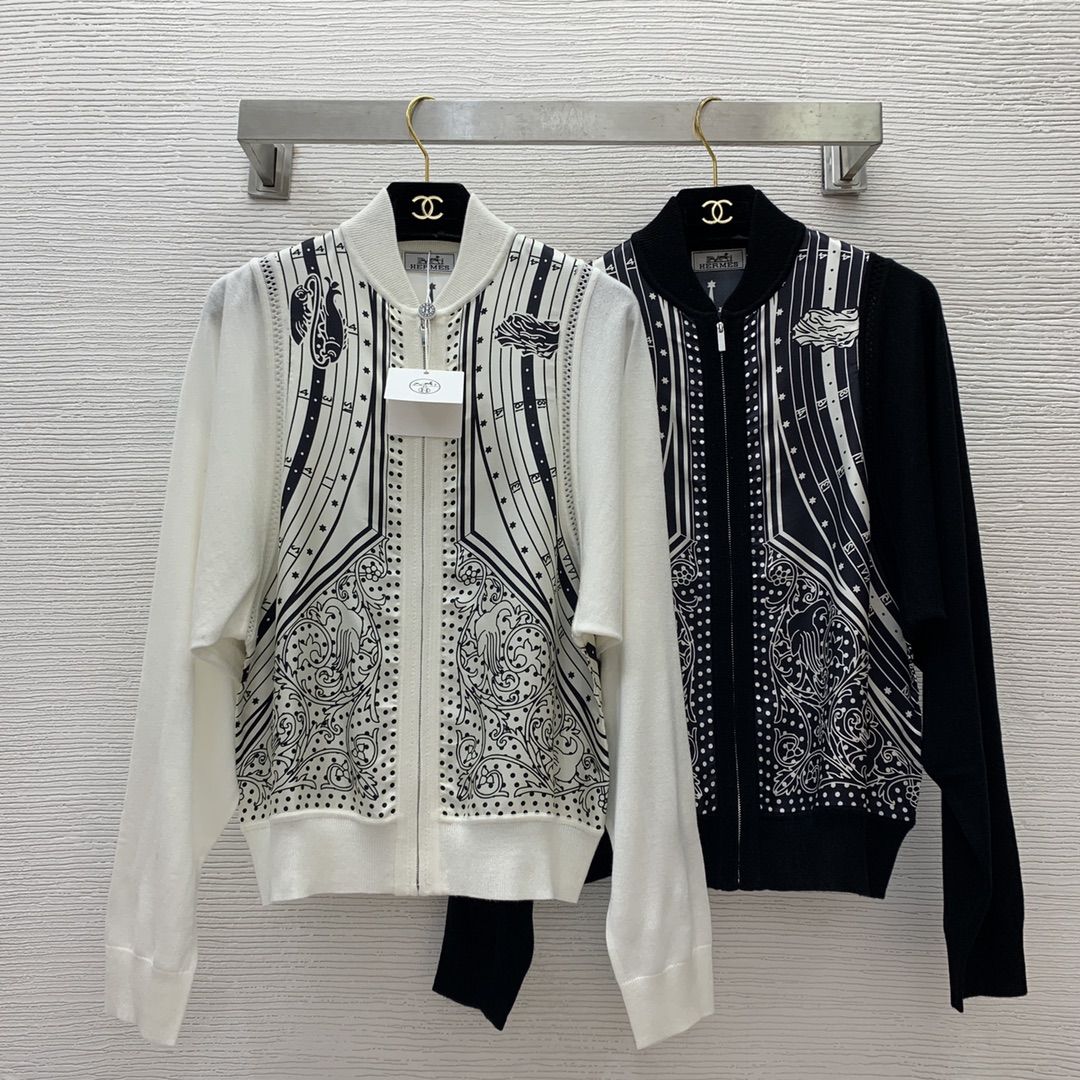 Hermes Clothing Cardigans Coats & Jackets Black White Printing Knitting Silk Wool Spring/Summer Collection Long Sleeve