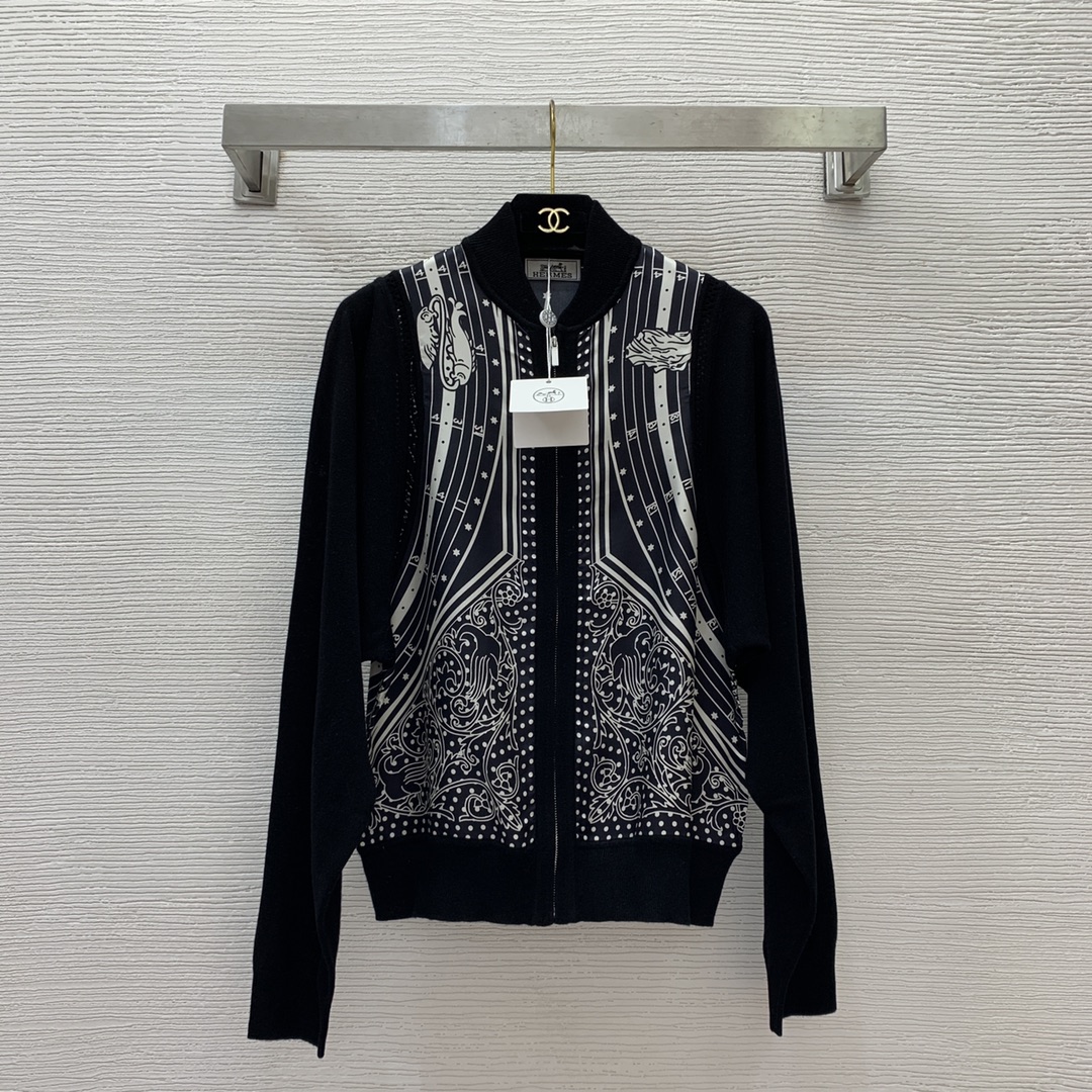 Hermes Clothing Cardigans Coats & Jackets Black White Printing Knitting Silk Wool Spring/Summer Collection Long Sleeve