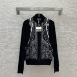 Hermes Clothing Cardigans Coats & Jackets Black White Printing Knitting Silk Wool Spring/Summer Collection Long Sleeve