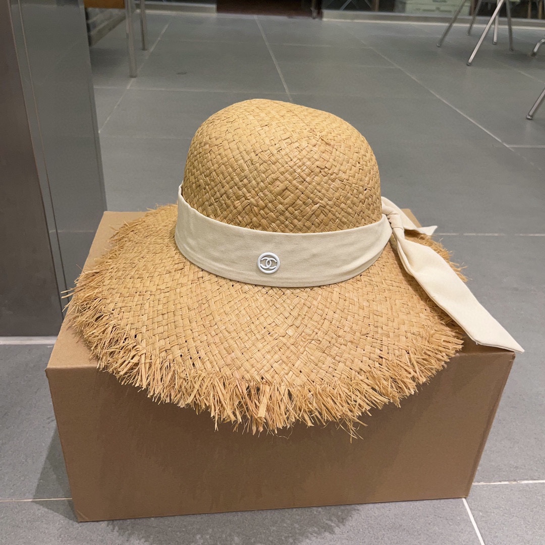 ¥ Chanel sombrero de rafia, sombrero de playa, ligero y versátil, circunferencia de cabeza 57cm, sombrero de pescador, …