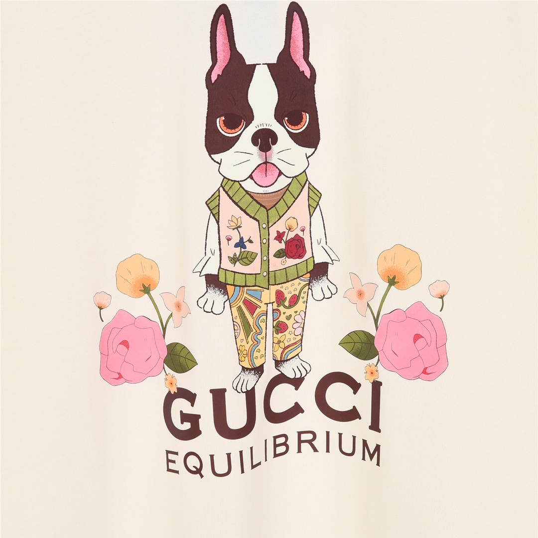 Gucci 古驰24ss新款花与法国斗牛犬狗卡通印花短袖T恤