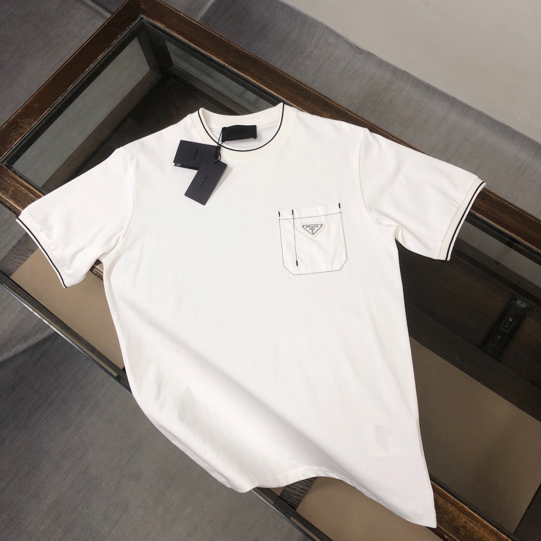 Prada Clothing T-Shirt Black White Unisex Men Spring/Summer Collection Fashion Short Sleeve