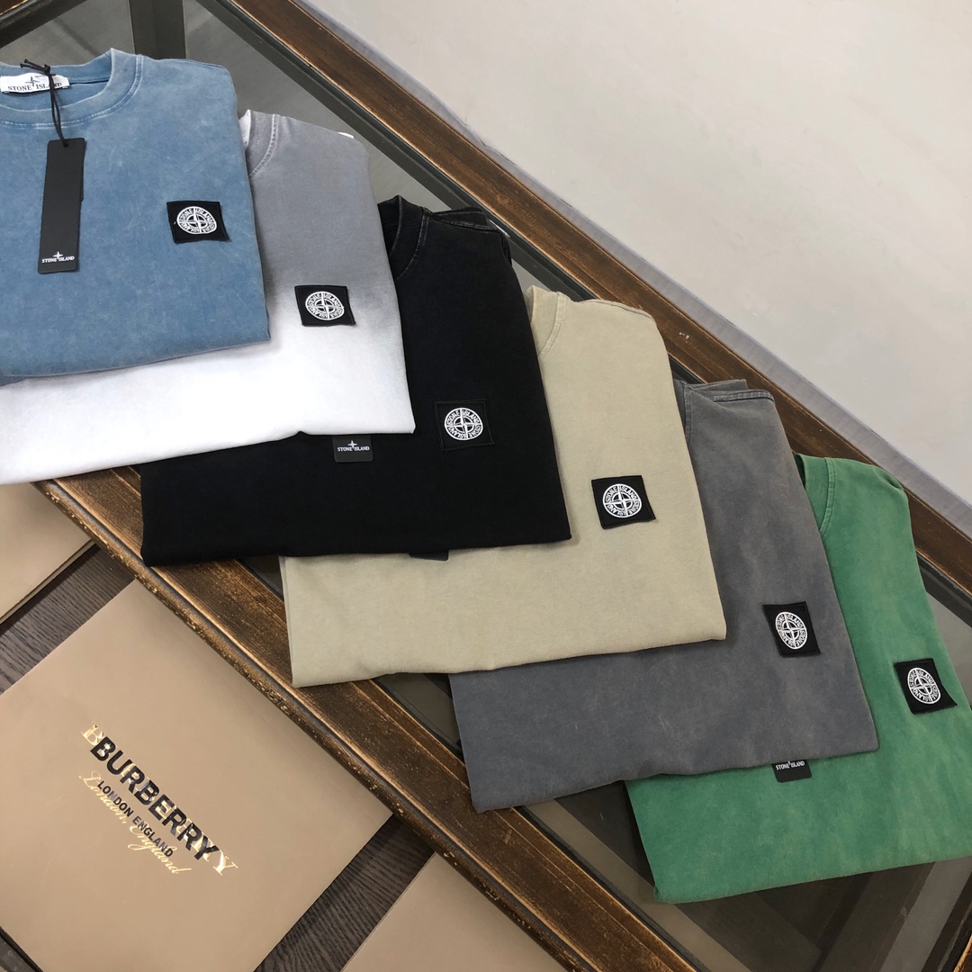 Stone Island Clothing T-Shirt Apricot Color Black Blue Dark Green Grey White Embroidery Unisex Fashion Short Sleeve