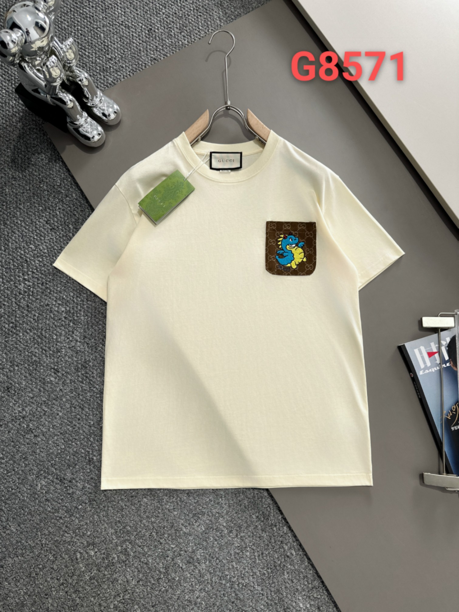 Gu*Gucc*G casa 24ss primavera/verano nuevo estilo de alta gama bolsillo pequeño dinosaurio bordado logo letras efecto e…