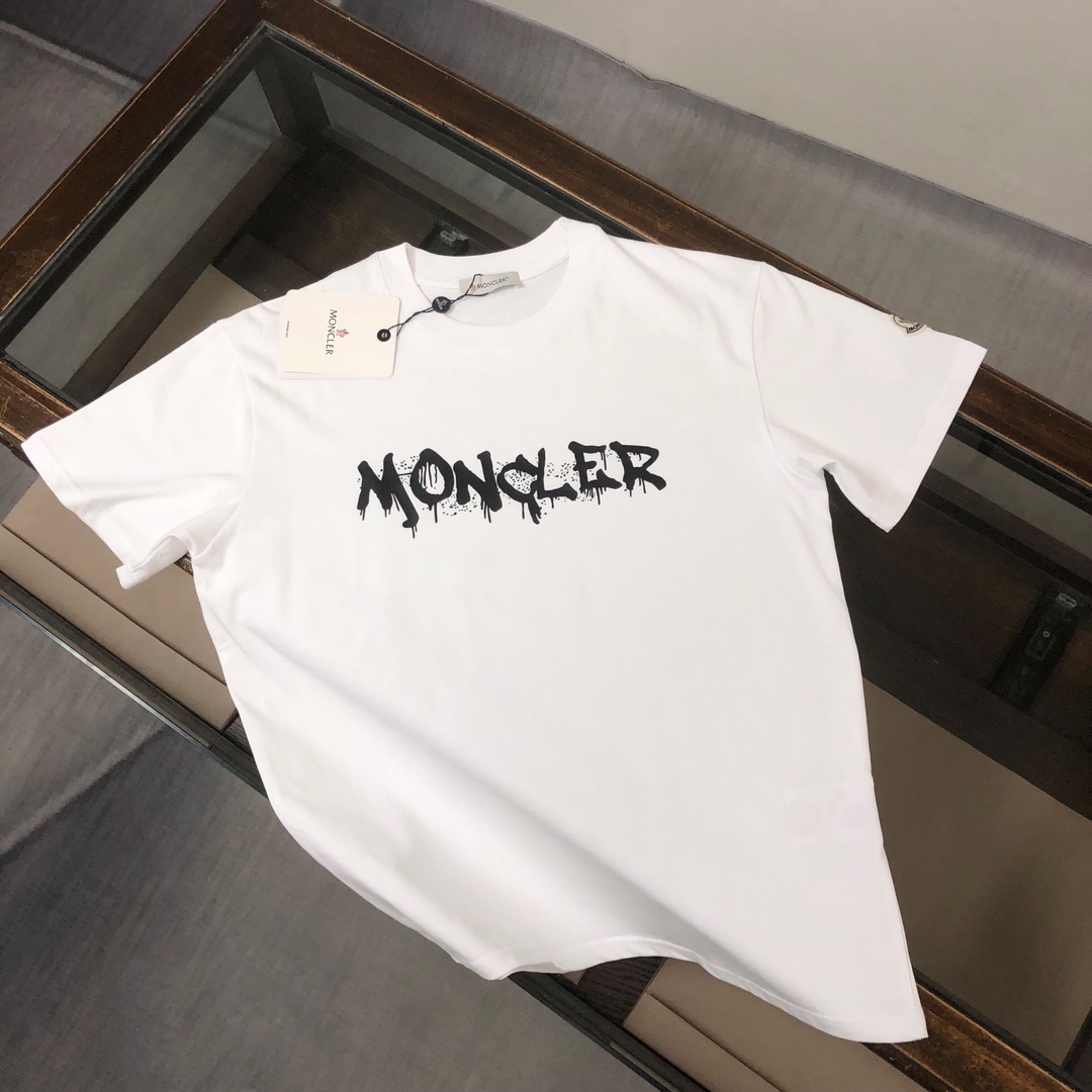 Réplique en ligne
 Moncler Vêtements T-Shirt Noir Blanc Imprimé Unisexe Coton Fashion Manches courtes