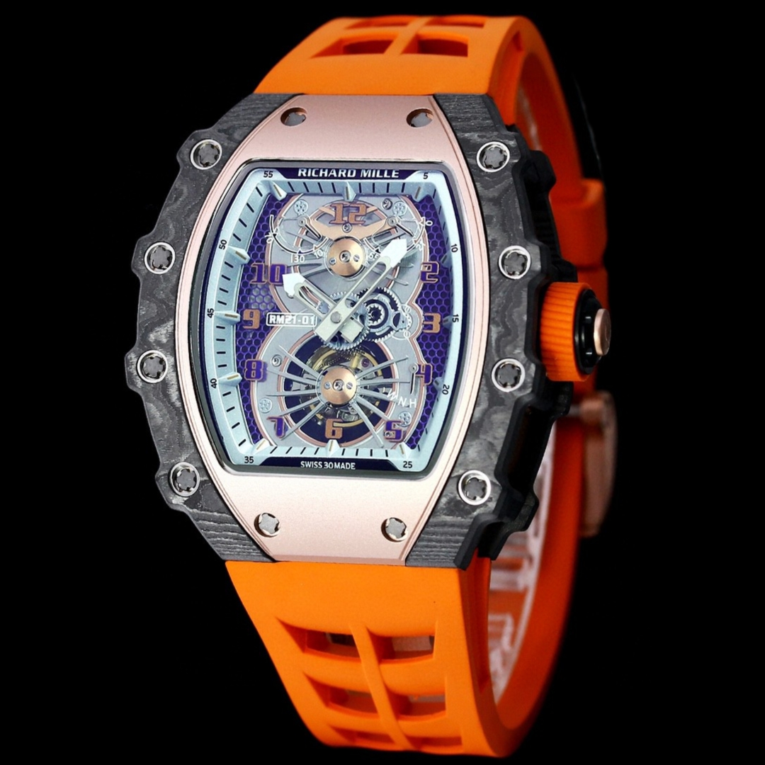 NO:336338,RICHARD MILLE RM21-01 series is equipped with a fully automatic imported mechanical movement, with a bezel and watch column made of carbon fiber material as a structural support, further strengthening its precision structure. The light and durable composite material of carbon fiber material is superimposed by automated processes and allows each layer of carbon fiber to stagger at a 45-degree angle, and then heated in the autoclave to a degree, and finally processed with micron accuracy. This reinforcement structure provides excellent protection for the case like armor and is firmly secured by 20 spline screws. RICHARD MILLE RM 21-01 watches are like a real wrist aircraft. The cutting-edge technology is a powerful force and constantly breaks the shackles of traditional materials on the watchmaking industry. Loading Royal Oak quality tape hollowed out design full of technology and follows the rules,19860909RICHARD MILLE  理查米尔 RM21-01系列 搭载全自动进口机械机芯,尺寸 40m/50m/16m 碳纤维材质打造的表圈和表柱作为架构支撑,进一步加固其精密结构.碳纤维材质这种轻盈又耐用的复合材质,通过使用自动化工艺将数百层碳纤维薄层叠加起来,并让每一层碳纤维呈现45度角交错,然后在高压釜中加热至度,最后再以微米的精准度进行加工.这种强化结构如同铠甲般为表壳提供绝佳保护,并由20枚花键螺丝牢牢固定.RICHARD MILLE RM 21-01腕表,彷如一枚真正的腕间飞行器,以前沿科技作为澎湃动力,不断打破传统材质对于制表行业的桎梏.装载皇家橡树品质胶带 镂空的设计 充满科技 循规蹈矩,,,Watch