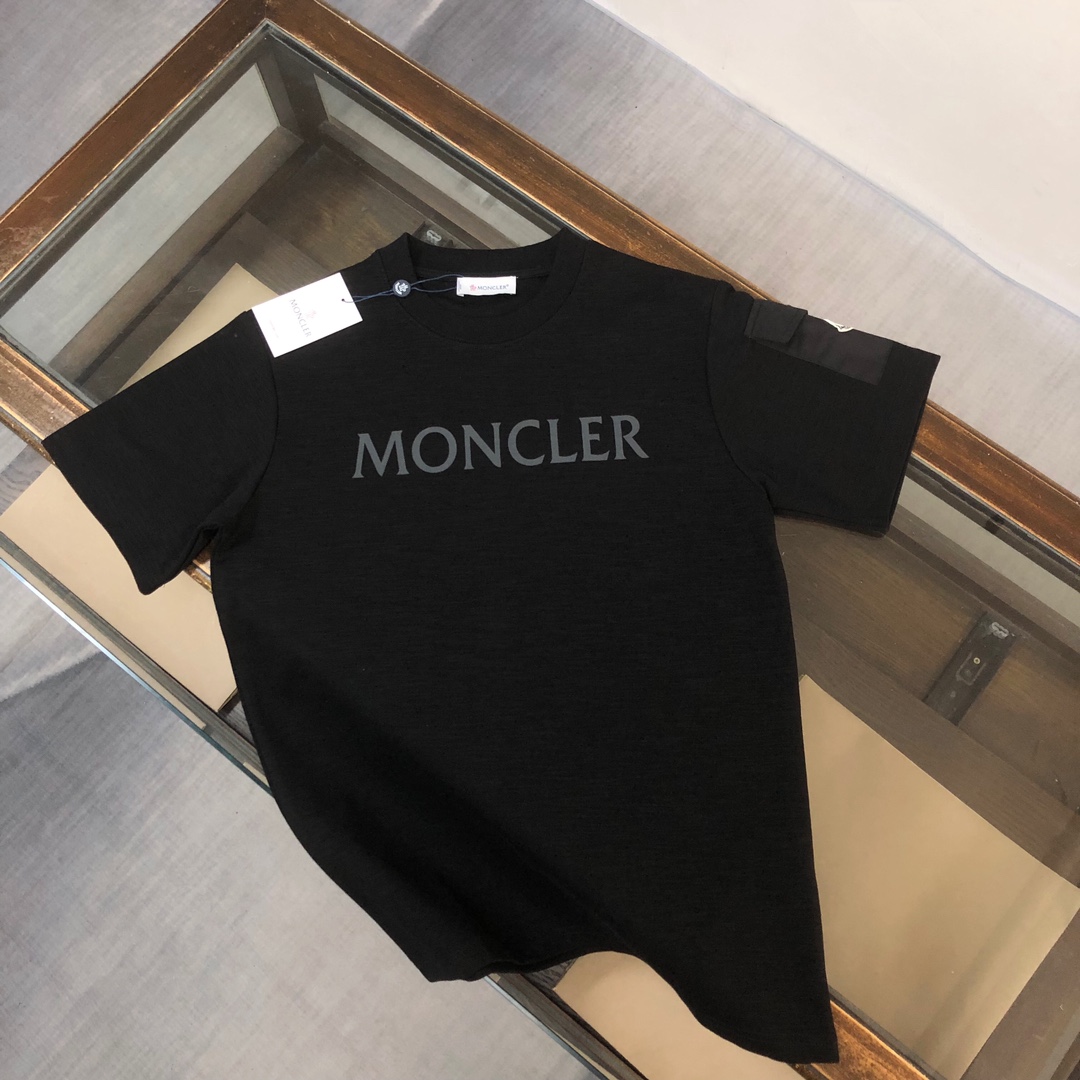 Moncler Clothing T-Shirt Black White Printing Summer Collection Fashion