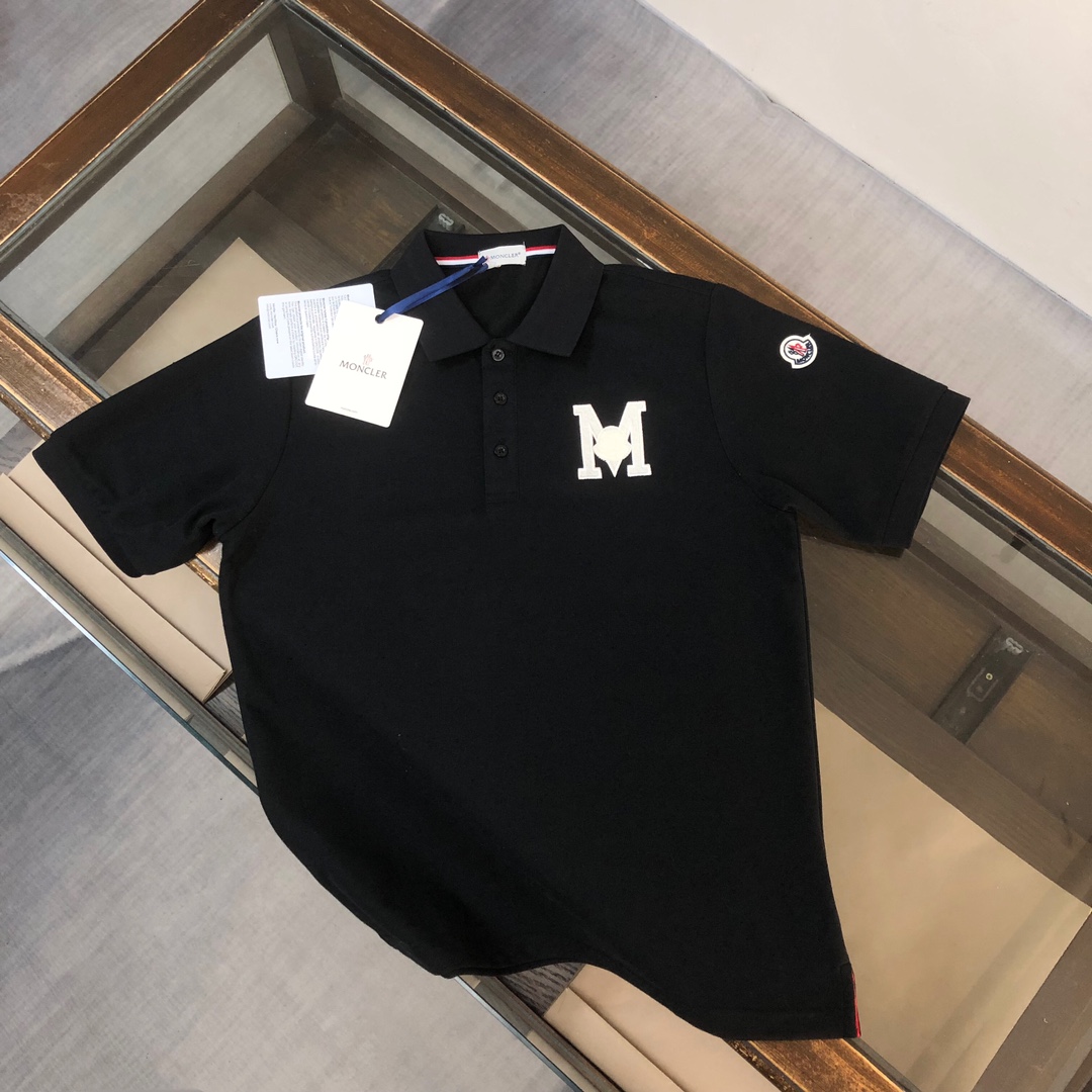 Moncler Clothing Polo T-Shirt Black White Embroidery Cotton Mesh Cloth Short Sleeve