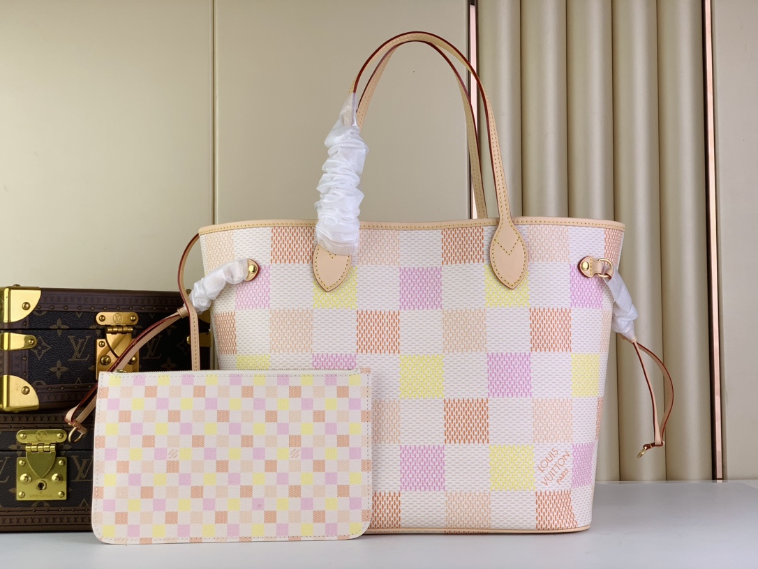 Louis Vuitton LV Neverfull Bags Handbags Pink Lattice Canvas Casual N40668
