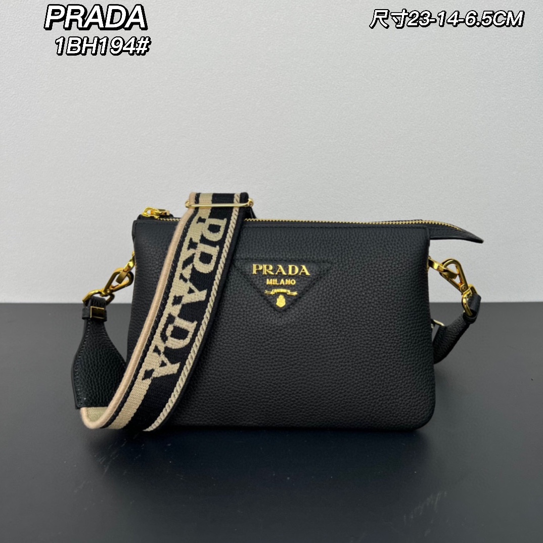 PRADA 1BH194 Black Leather Three-Compartment Crossbody Bag with Strap