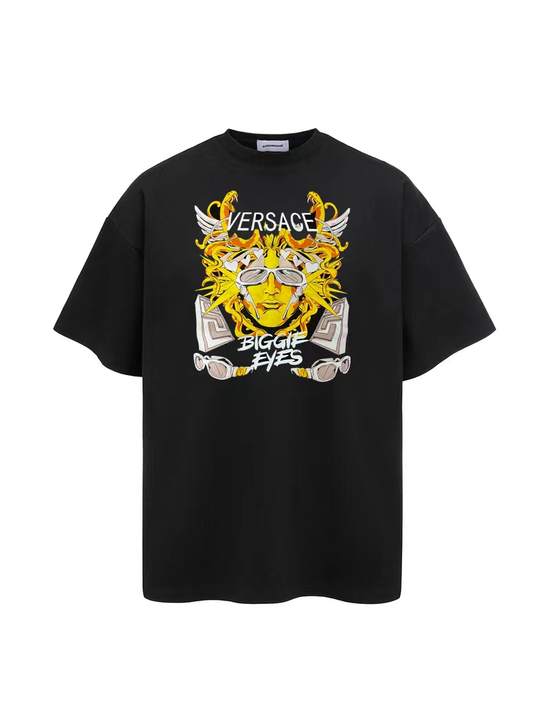 Versac* 范思* 2024 nueva camiseta de manga corta con estampado de logo de rey serpiente. Tejido: algodón puro de 240 gram…