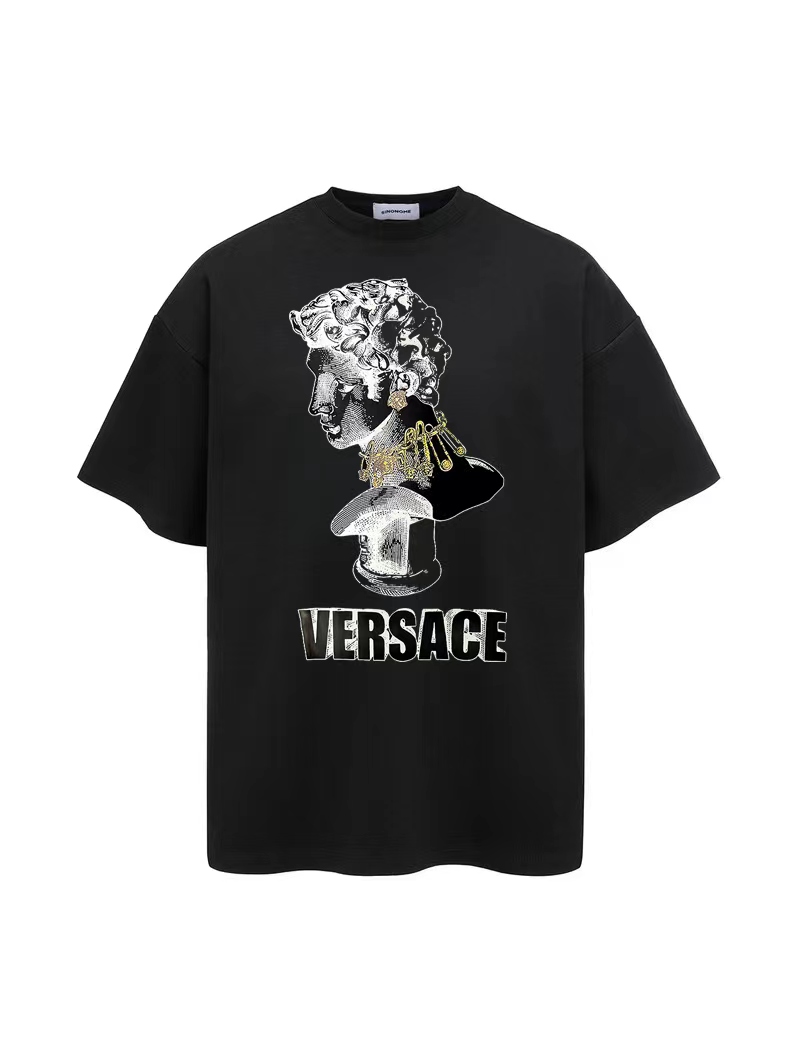 Versac* 范思* 2024 nueva camiseta de manga corta con estampado de retrato dibujado a lápiz y logo. Tejido: algodón puro d…