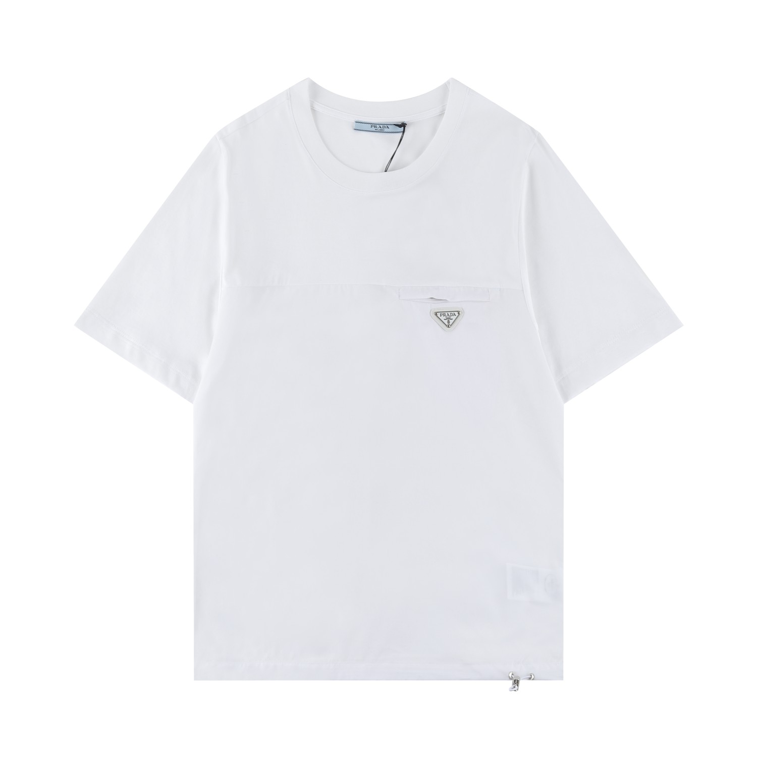 PRAD Prada*2024SS primavera/verano manga corta camiseta nueva, bolsillo oculto con cremallera y triángulo met…
