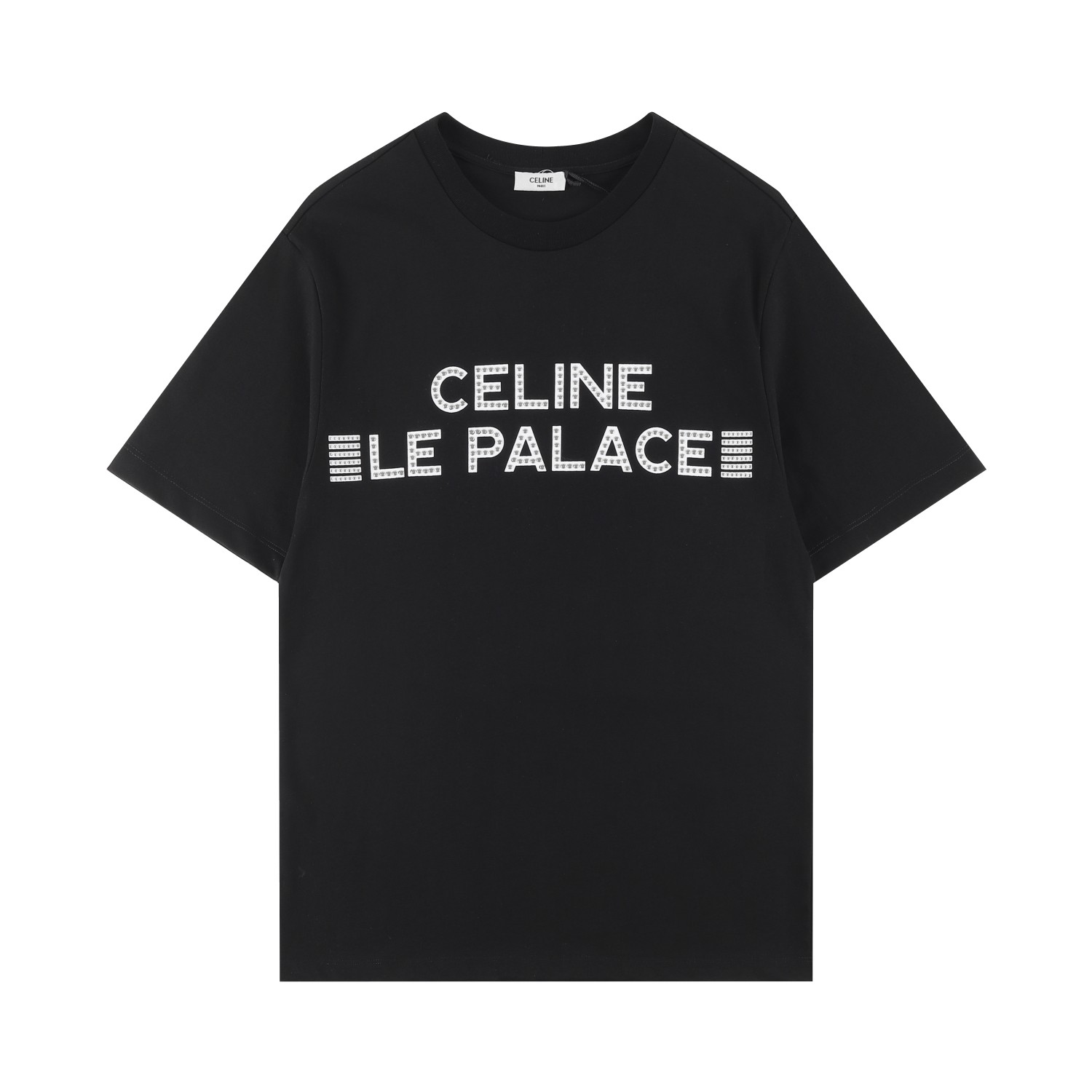 CELIN赛*2024SS春夏短袖T恤新款 Celin Le Palace印花压铆钉，细节到位💯，OVER SIZE版型，采用280克双股双纱全棉面料，经过洗水处理，手感更加舒适，男女同款 颜色：黑色 尺码：S-XL