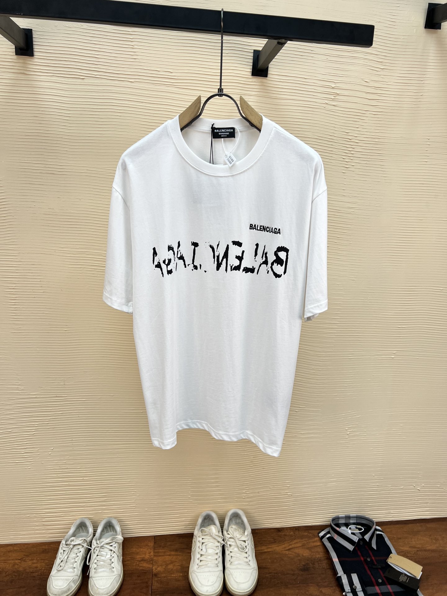 Balenciaga AAAA
 Clothing T-Shirt Black White Embroidery Unisex Cotton Double Yarn Short Sleeve