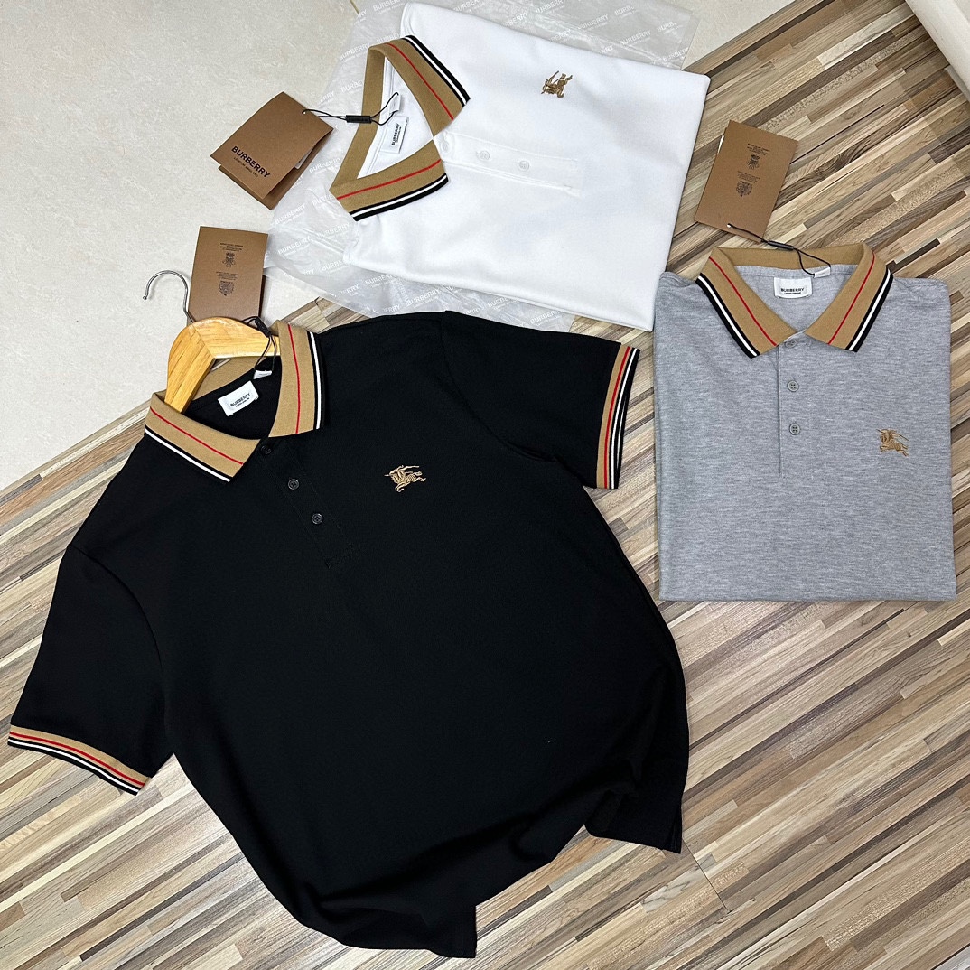 Burberry Kleidung Polo T-Shirt Schwarz Grau Weiß Stickerei Unisex Stricken Frühling/Sommer Kollektion Kurzarm