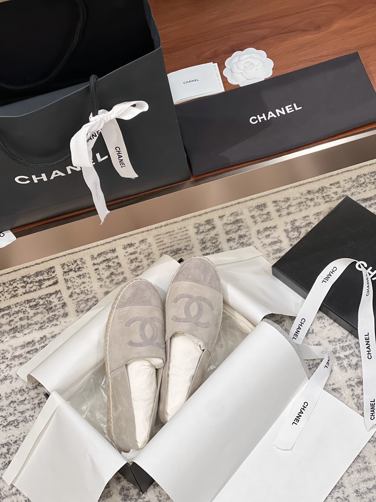First Top
 Chanel Shoes Espadrilles Chamois Frosted Rubber Sheepskin Silk Spring Collection