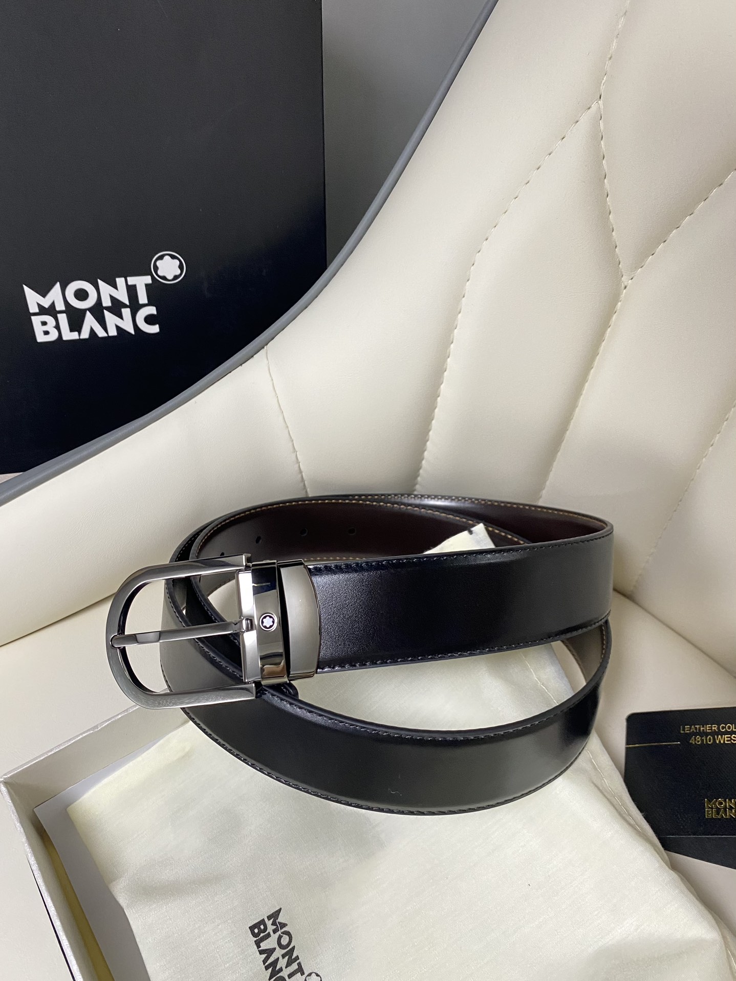 Montblanc万宝龙宽3.5cm采用头层牛皮精品针式扣头自由裁剪商务休闲皮带