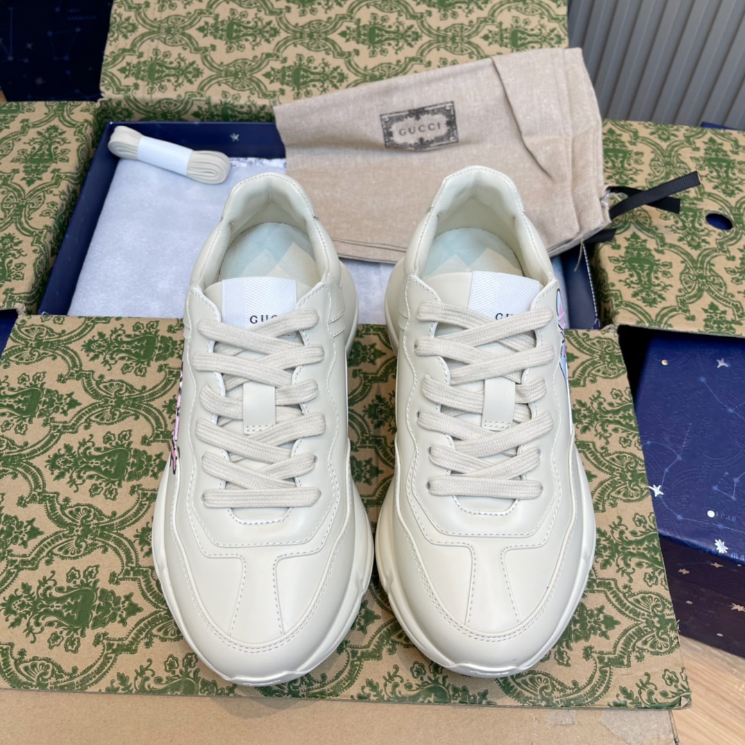 GUCCI 老爹鞋 白色 皮革 系带 低帮