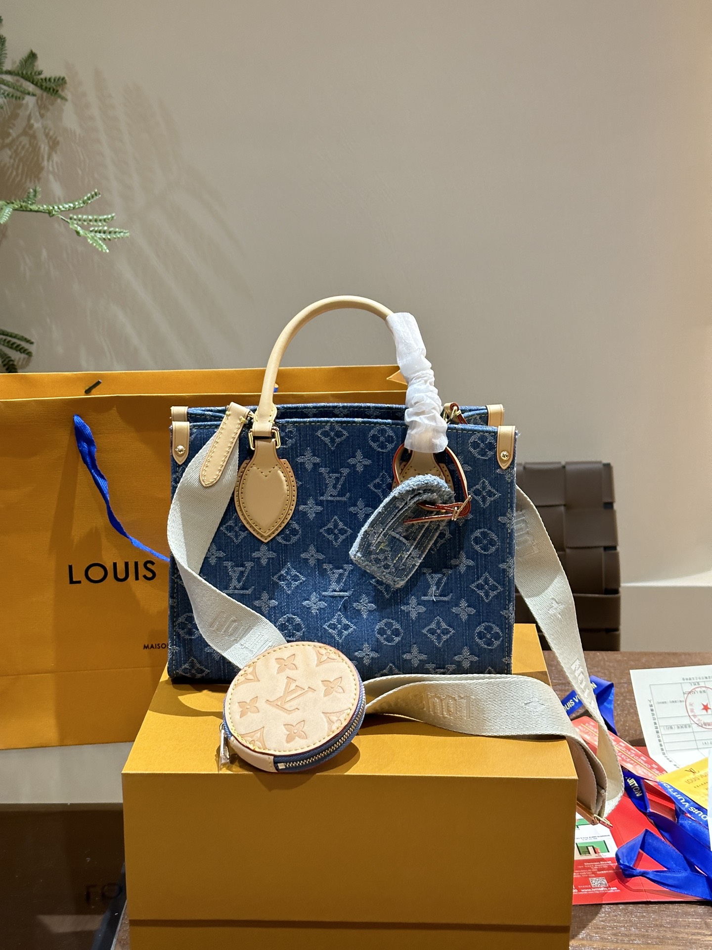 Louis Vuitton Blauw Champagnekleur Denim blauw Canvas Katoen Koeienhuid Vintage