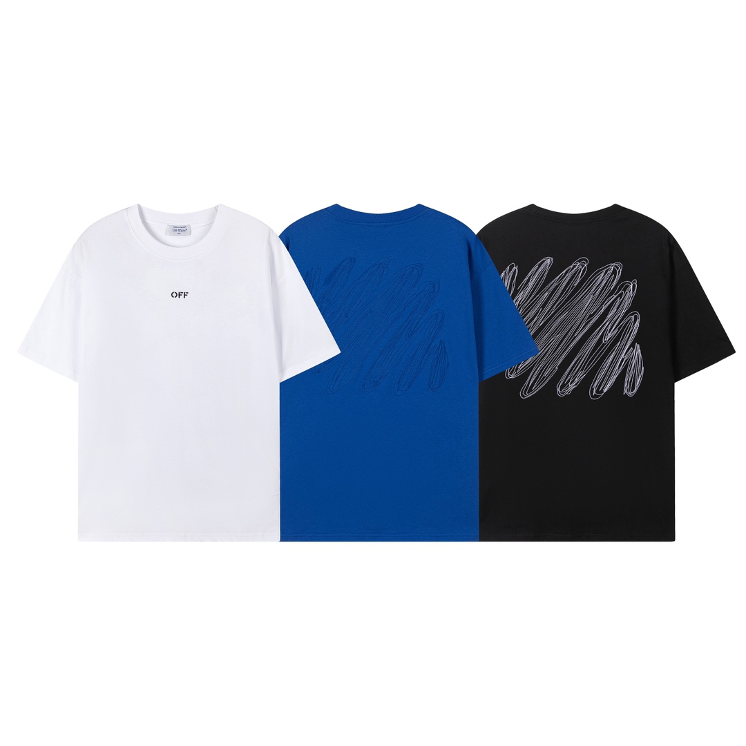 Off-White Clothing T-Shirt Black Blue White Embroidery Short Sleeve