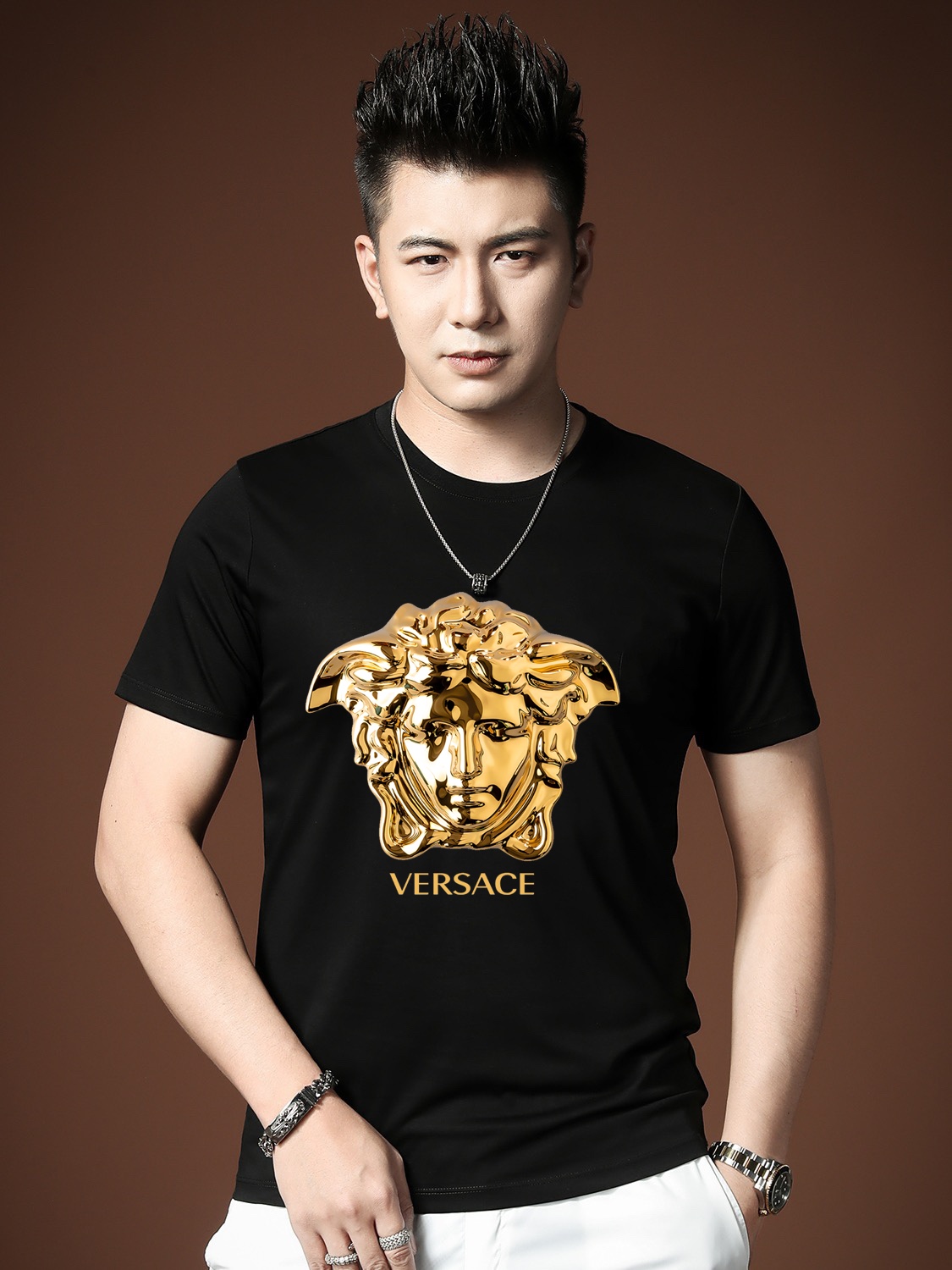 Versace Clothing T-Shirt Men Cotton Mercerized Spring/Summer Collection Short Sleeve