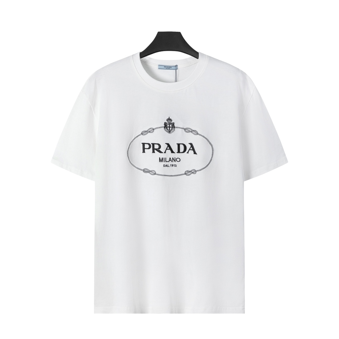 Prada PRADA普拉达2024ss新款皇冠字母logo刺绣短袖T恤