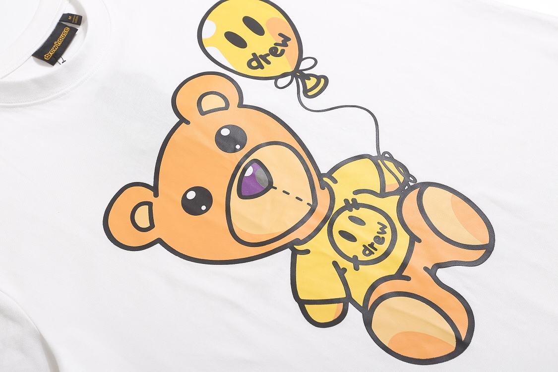 Drew House White Cotton T-shirt with Smiley Balloon Bear Design in Various Sizes - 图片 3