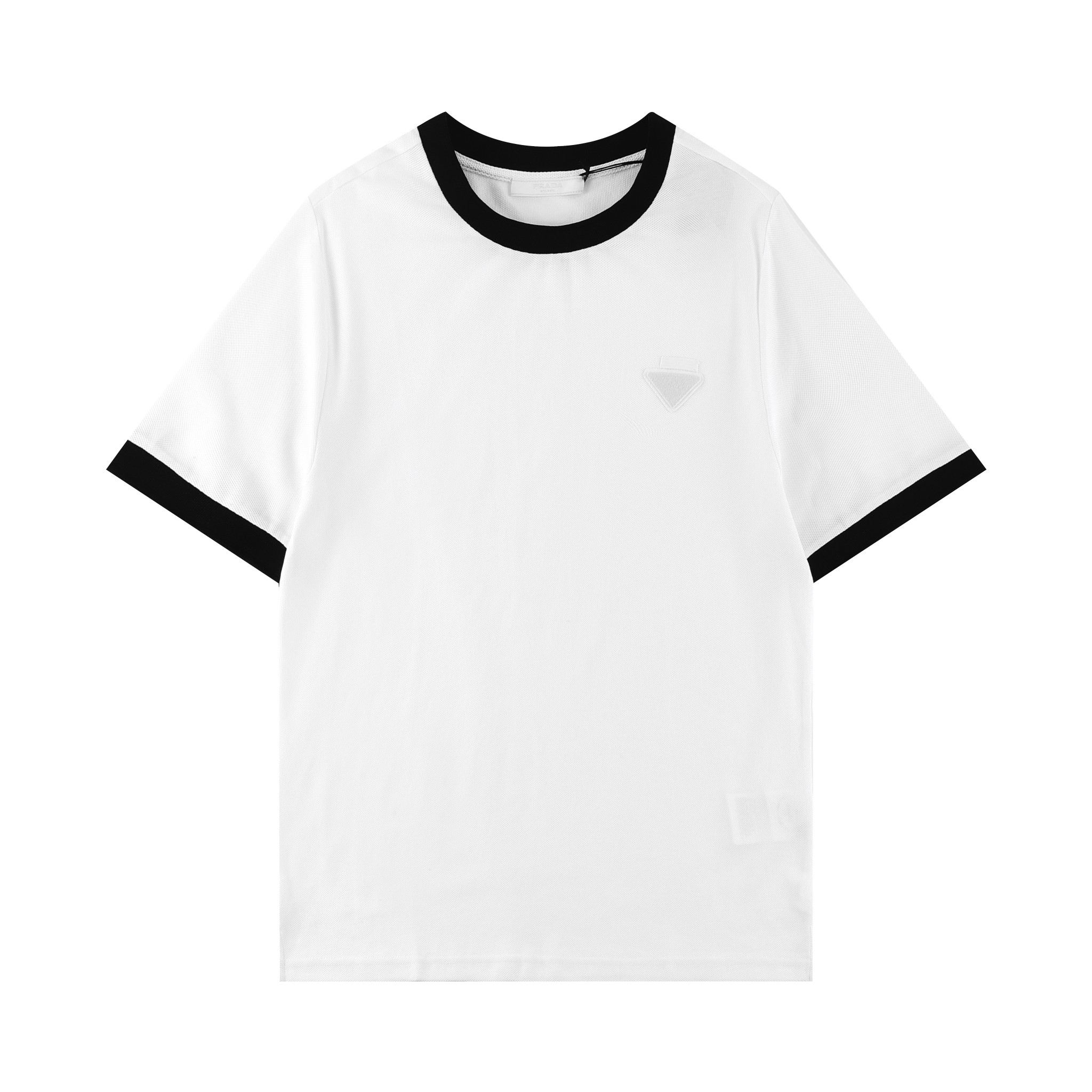 PRAD普拉* Camiseta de manga corta 2024SS nueva, con triángulo en el pecho y letras, cuello y puños con diseño de canalé e…