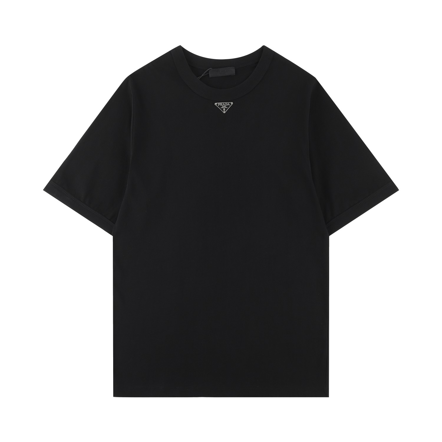 PRAD普拉* Camiseta de manga corta 2024SS nueva, con insignia triangular esmaltada dorada con letras, cuello y puños con d…