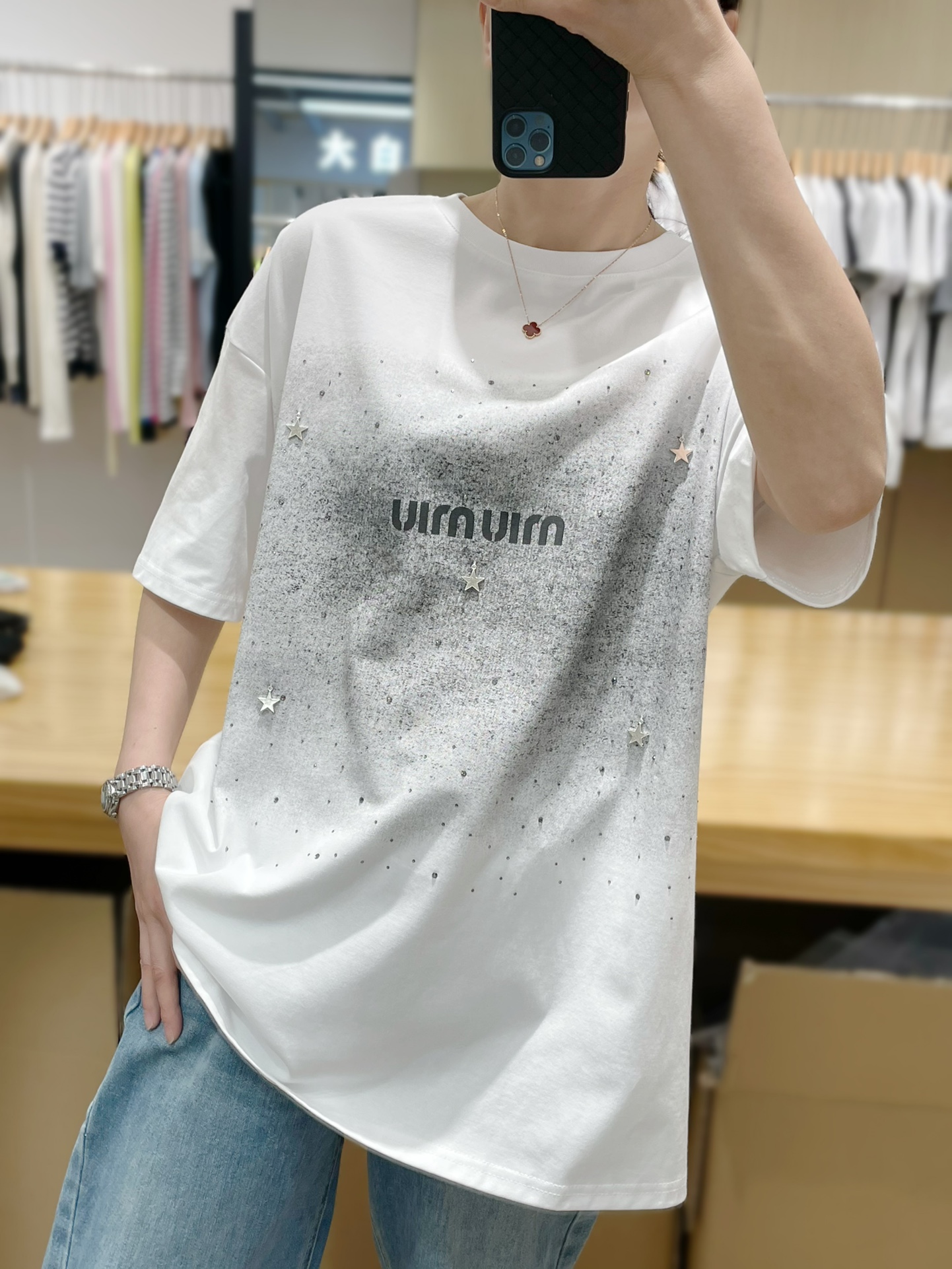 ????????????zdblb5#miumiu字母印花T恤 烫钻五星级点缀 棉材质 2⃣️色：均码
