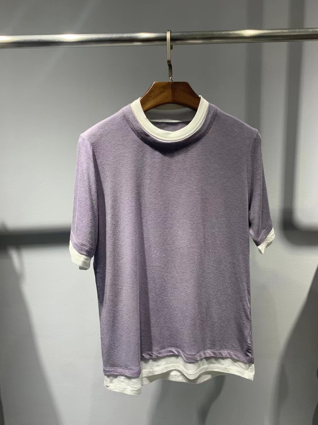 AlEXANDER WANG /羊绒莫代尔假两件拼色短袖T恤/颜色：灰色，白色，咖色，紫色， 黑色/码数SML