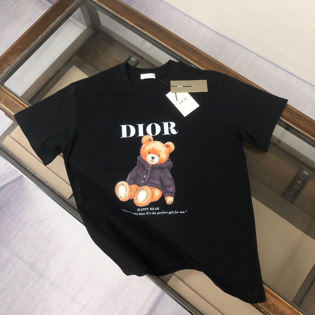 Dior AAAA
 Clothing T-Shirt Black White Printing Cotton Spring/Summer Collection Fashion Short Sleeve