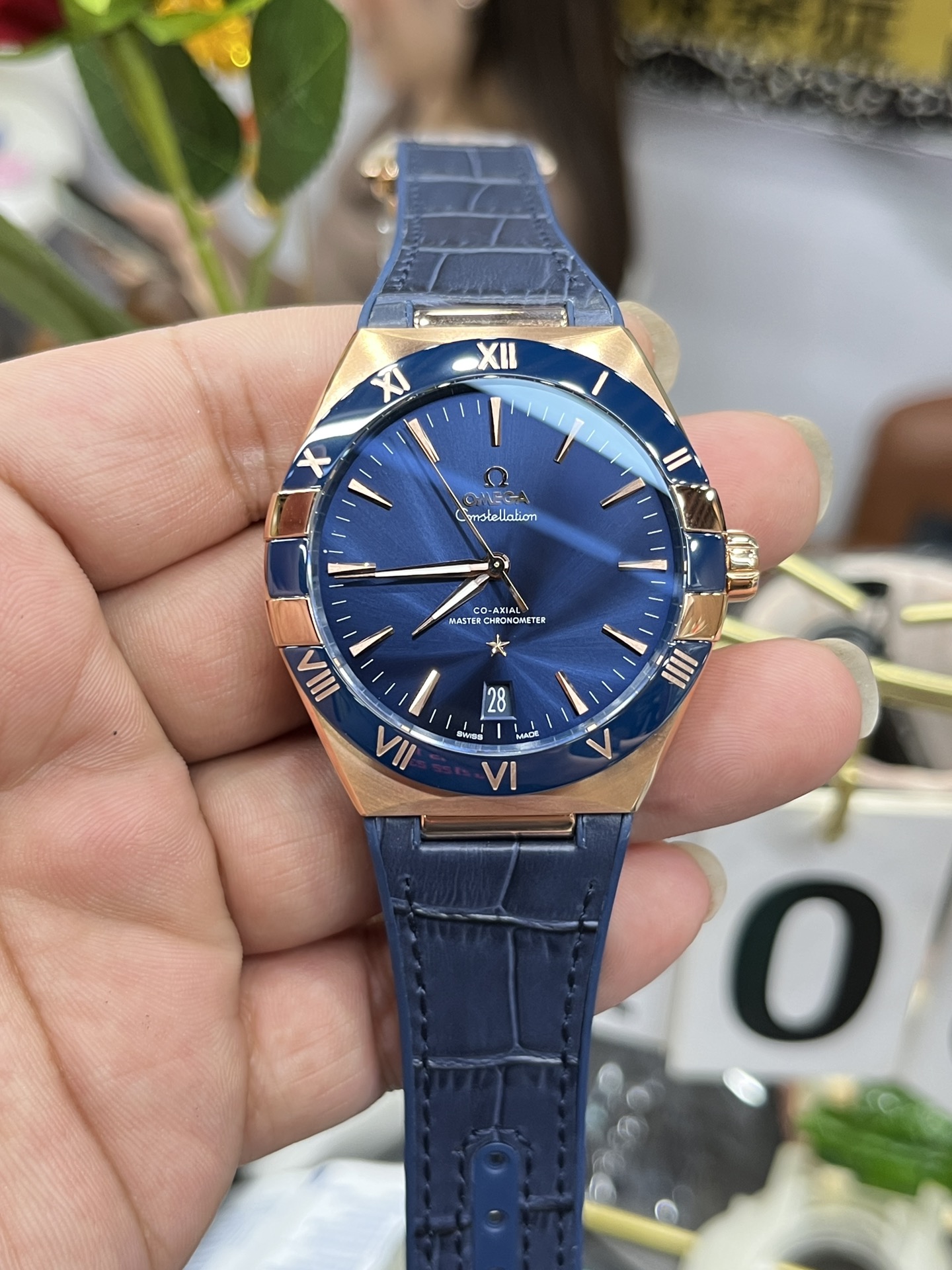 오메가 컨스텔레이션 41mm 블루 로즈골드 남성 자동 기계식 러버스트랩 VS공장 시계 레플리카 44560