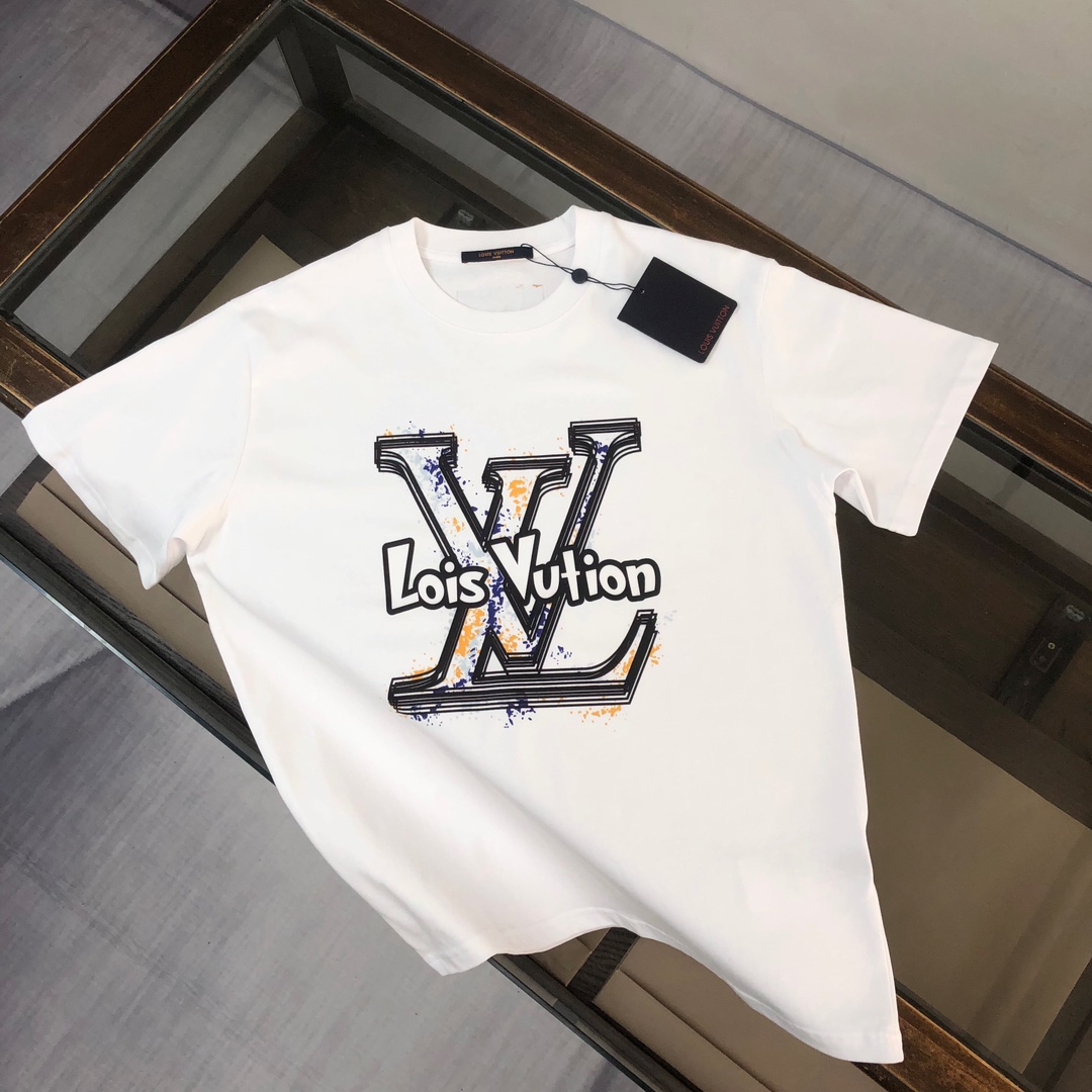 Louis Vuitton Clothing T-Shirt Black Doodle White Printing Spring/Summer Collection Fashion Short Sleeve