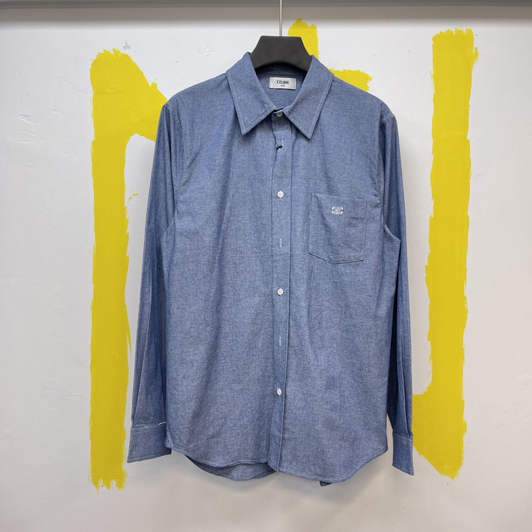 🧧CAMISA CELINE CANNAGE OXFORD DE ALGODÓN LAVADO TALLA: S-XL BORDADO TRIOMPHE CANNAGE HOLGADO PECHO 1 BOLSILLO DE PARCH…