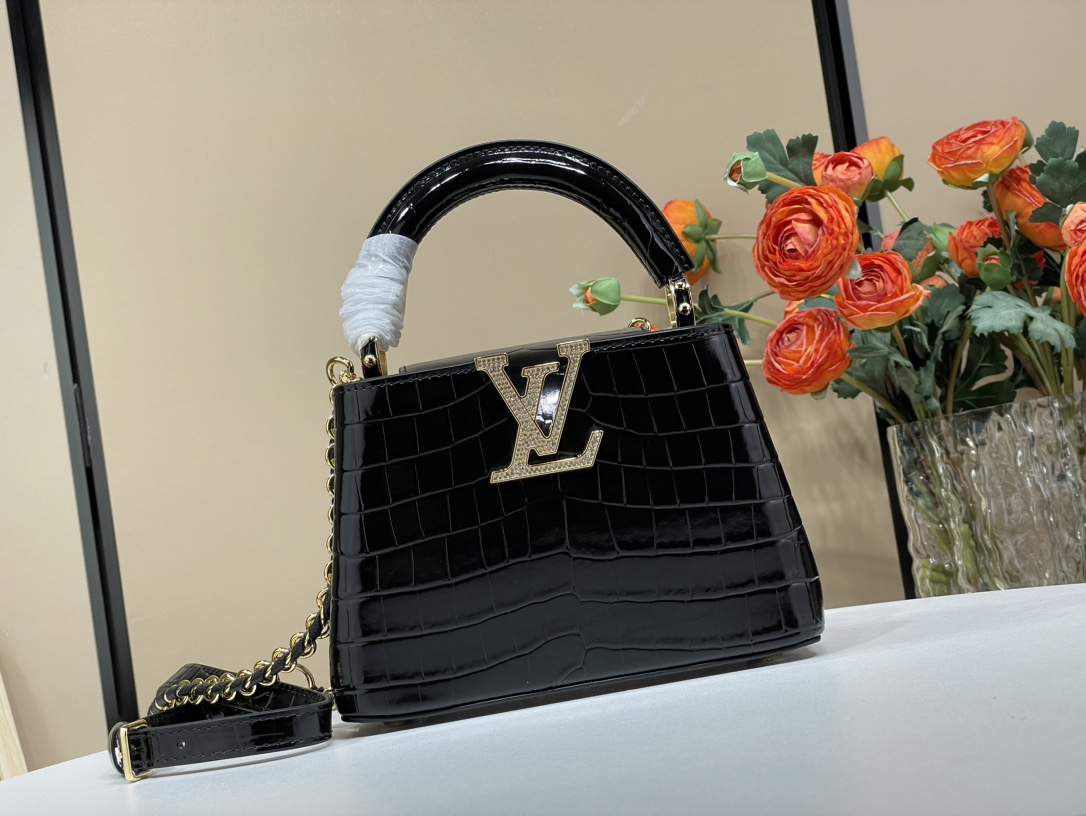 Louis Vuitton LV Capucines Mini Series Official M94227 48865 Black (Crocodile Diamond)