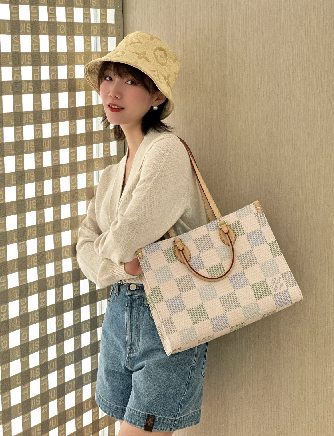 Louis Vuitton LV onthego mm official n40518 plaid shopping bag on sale