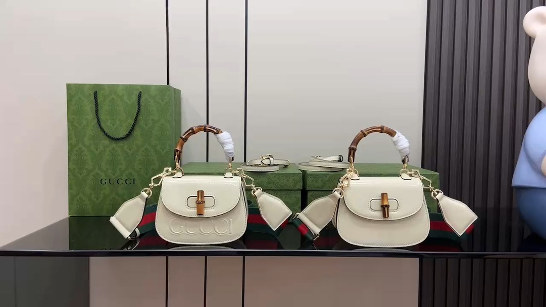 Gucci Bamboo Bags Handbags White Patent Leather 1947 Mini