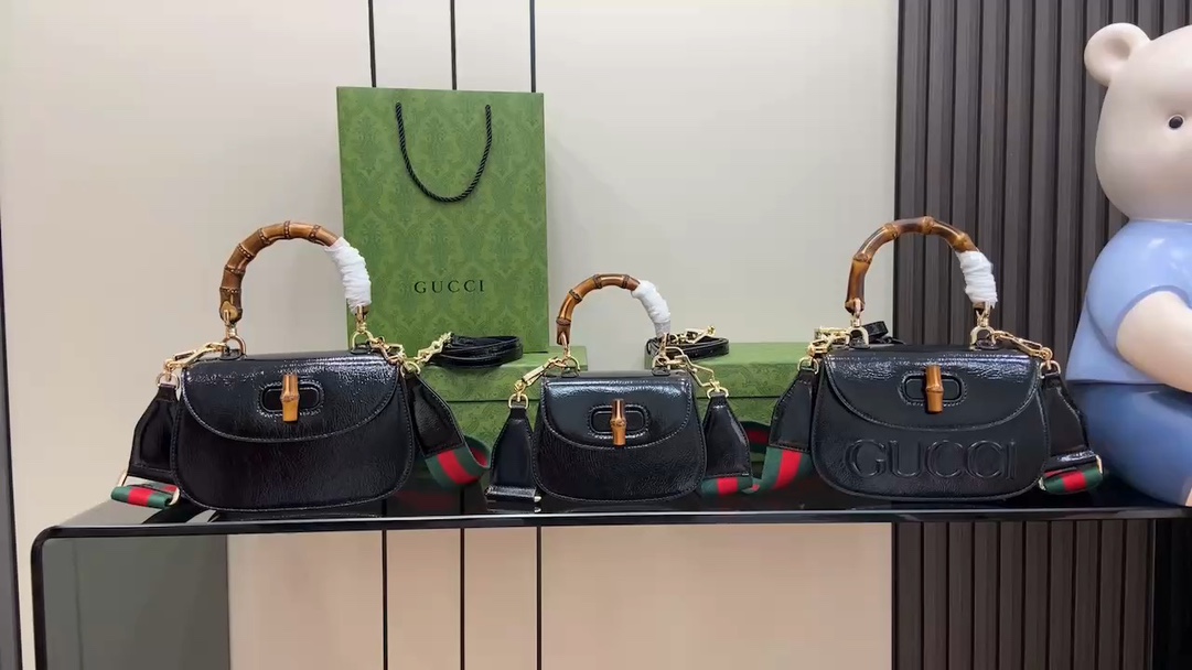 Gucci Bamboo Bolsos de mano Negro Laca 1947 Mini