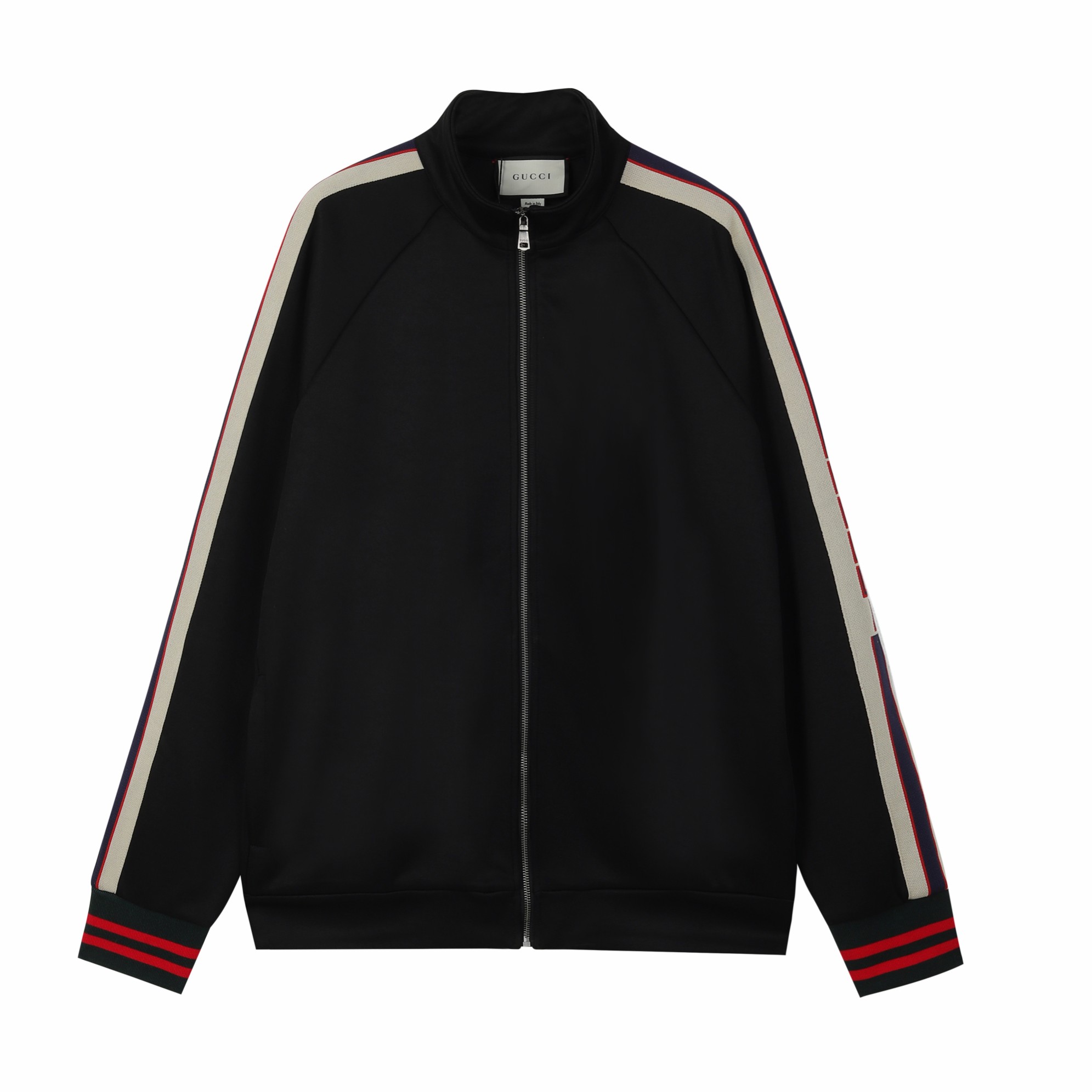 GUCC古*2024SS primavera/verano chaqueta nueva, mangas con cintas de rayas con letras, puños con canalé clásico rojo y ve…