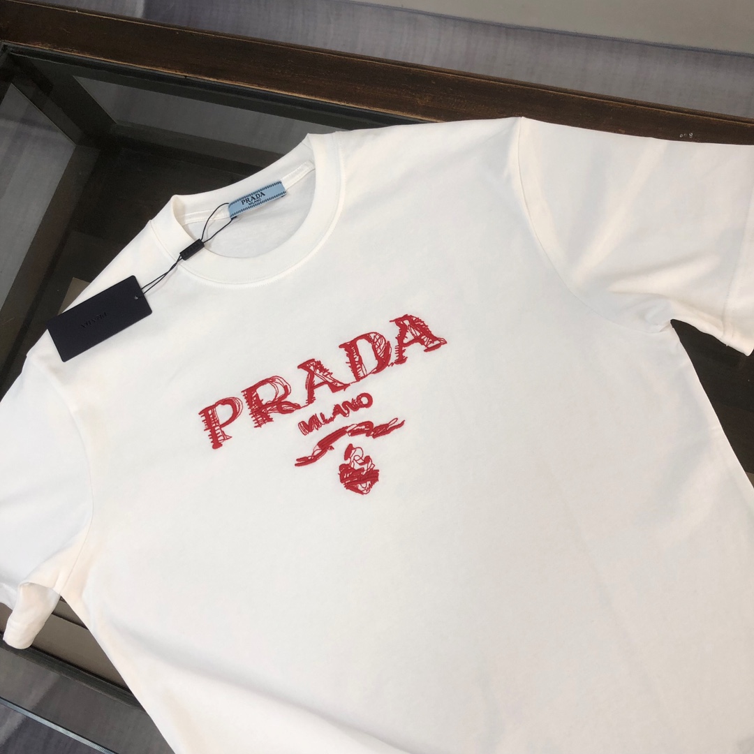 EPRADA普拉达2024春夏最新款短袖T恤男女同款定制专属纯棉面料定制原版工艺螺纹胸前立体字母logo