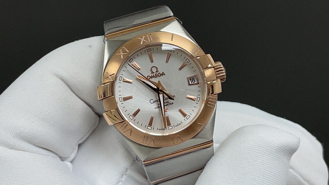 “Omega Constellation Series: 2070 Gold Drill Watch with 8520 Cores and Natural Blue Mother of Pearl Dial” - 图片 5