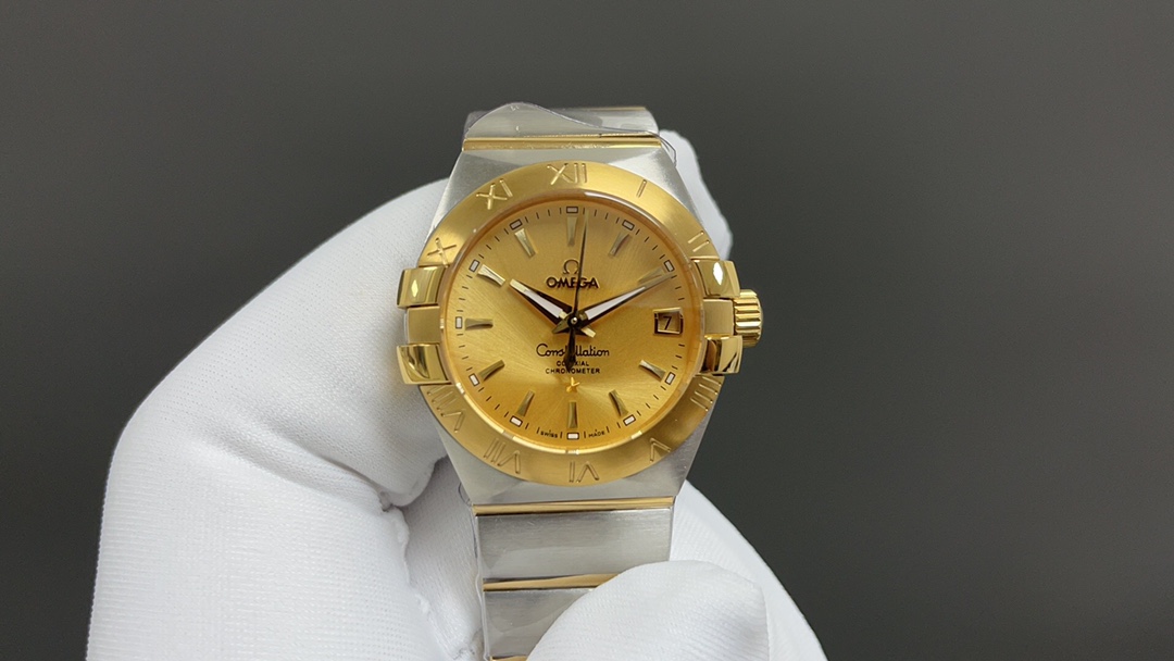 “Omega Constellation Series: 2070 Gold Drill Watch with 8520 Cores and Natural Blue Mother of Pearl Dial” - 图片 2