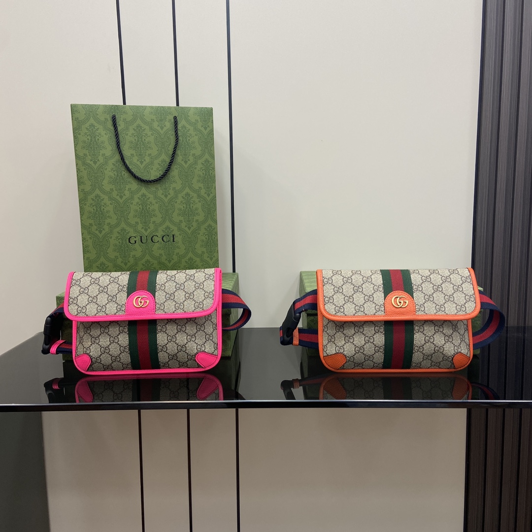 Gucci Ophidia series GG small waist bag, fluorescent rose red incorporates the contemporary aesthetic concept of the creative director, vividly i
