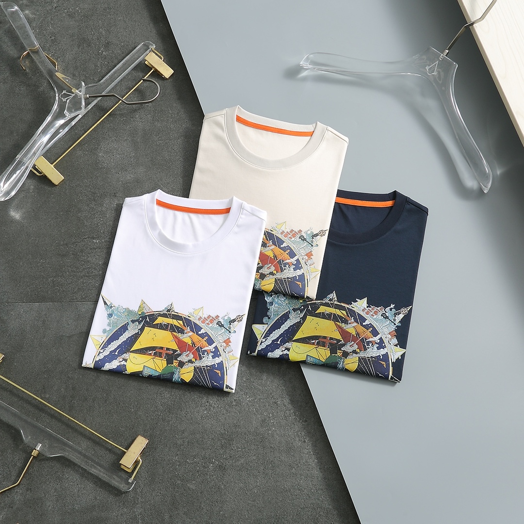 Hermes Clothing T-Shirt Apricot Color Black White Printing Men Cotton Mercerized Spring Collection Short Sleeve