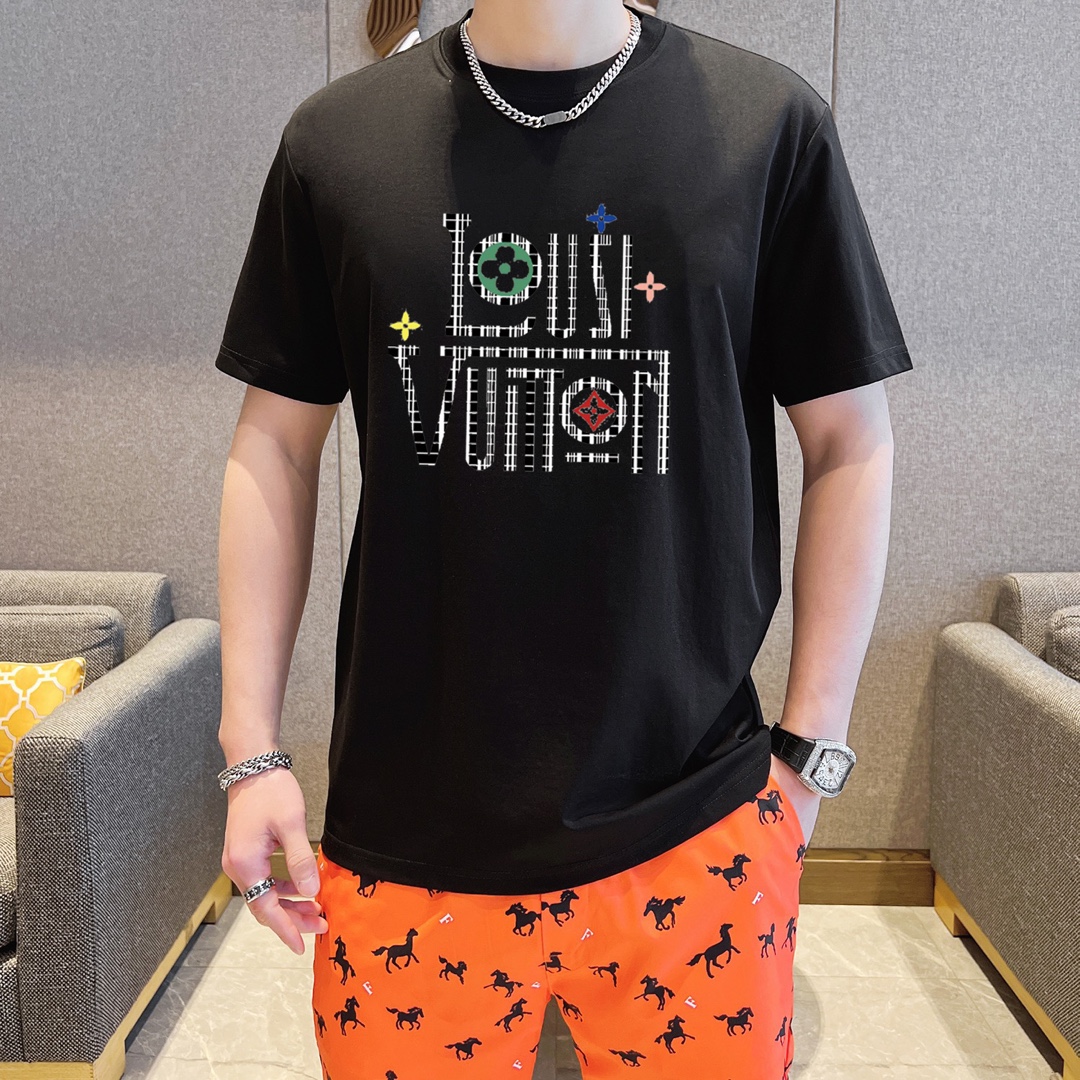 Replica 1:1
 Louis Vuitton Clothing T-Shirt Men Cotton Mercerized Spring/Summer Collection Short Sleeve