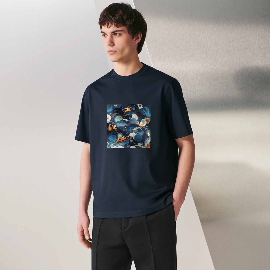 Hermes Kleding T-Shirt Beste replica 1: 1
 Zwart Blauw Wit Afdrukken Katoen Gemerceriseerd katoen Zomercollectie Korte mouw